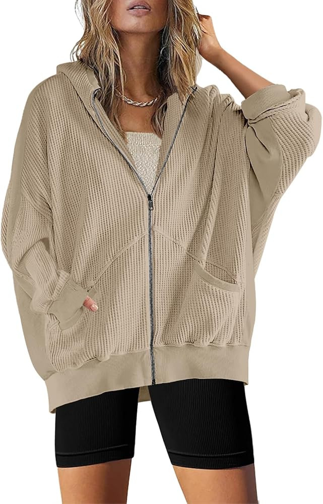 SAUKOLE Womens Fashion Zip Up Hoodies Oversized Waffle Knit Jacket Shirts Long Sleeve Solid Shack... | Amazon (US)