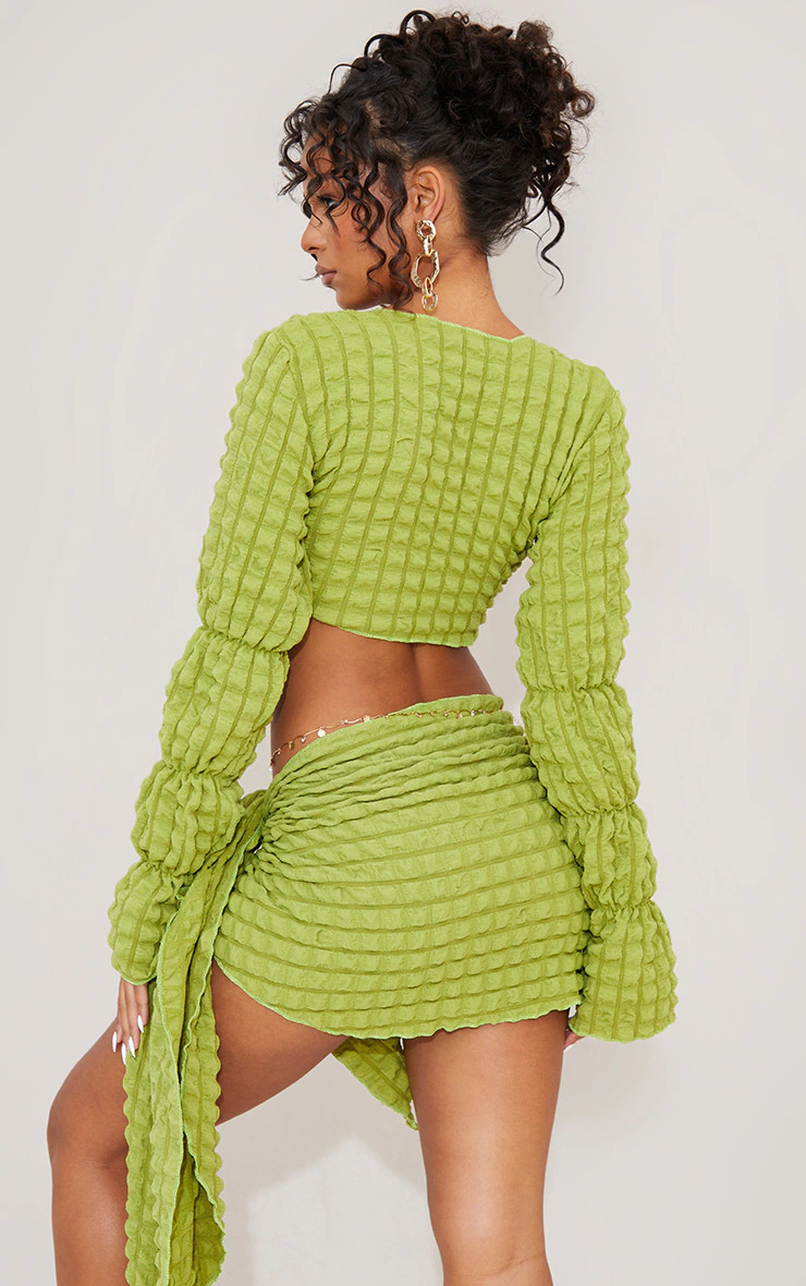 Olive Bubble Textured Long Sleeve Beach Top | PrettyLittleThing US