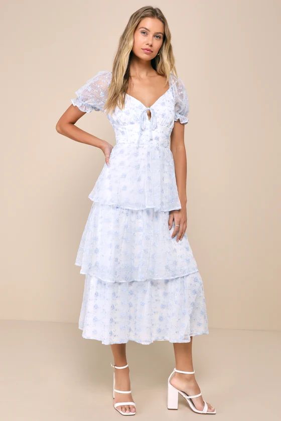 Precious Sweetie White and Blue Gingham Embroidered Midi Dress | Lulus