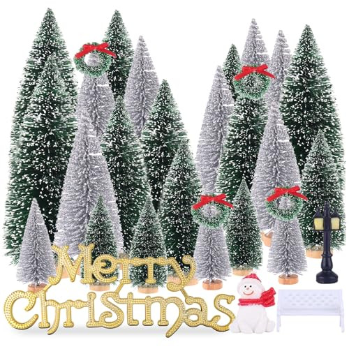UNIPRIMEBBQ Mini Miniature Christmas Pine Tree Bottle Brush Trees Wooden Bases Tree for Your Village Desktop Xmas Holiday Party (Silver/Green 30pcs) | Amazon (US)