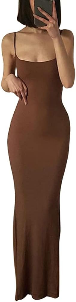 Woxlica Women's Casual Lounge Slip Long Dress Sleeveless Bodycon Maxi Dresses Solid Color | Amazon (US)