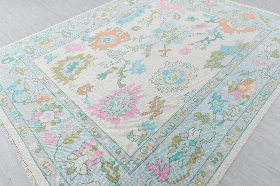 Cream Light Blue Colorful Modern Premium Oushak Hand Knotted High Quality Wool Turkish Inspired O... | Etsy (US)