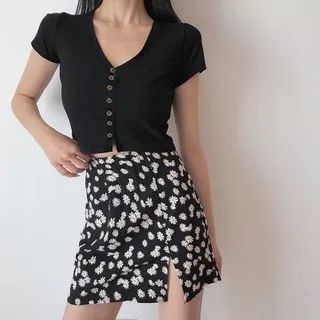 Short-Sleeve Button-Up Crop Top / Floral Print Mini Skirt | YesStyle Global