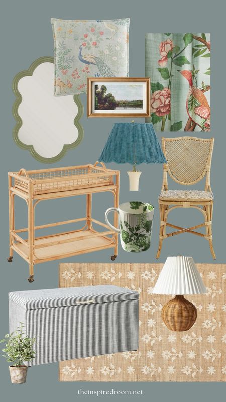 Inspired finds on sale for Memorial Day - scalloped woven lampshade, rattan cart, floral jute rug, pillow cover, framed art, curtains, storage ottoman, cane dining chair, faux plant, mirror, mug

#LTKSeasonal #LTKHome #LTKSaleAlert
