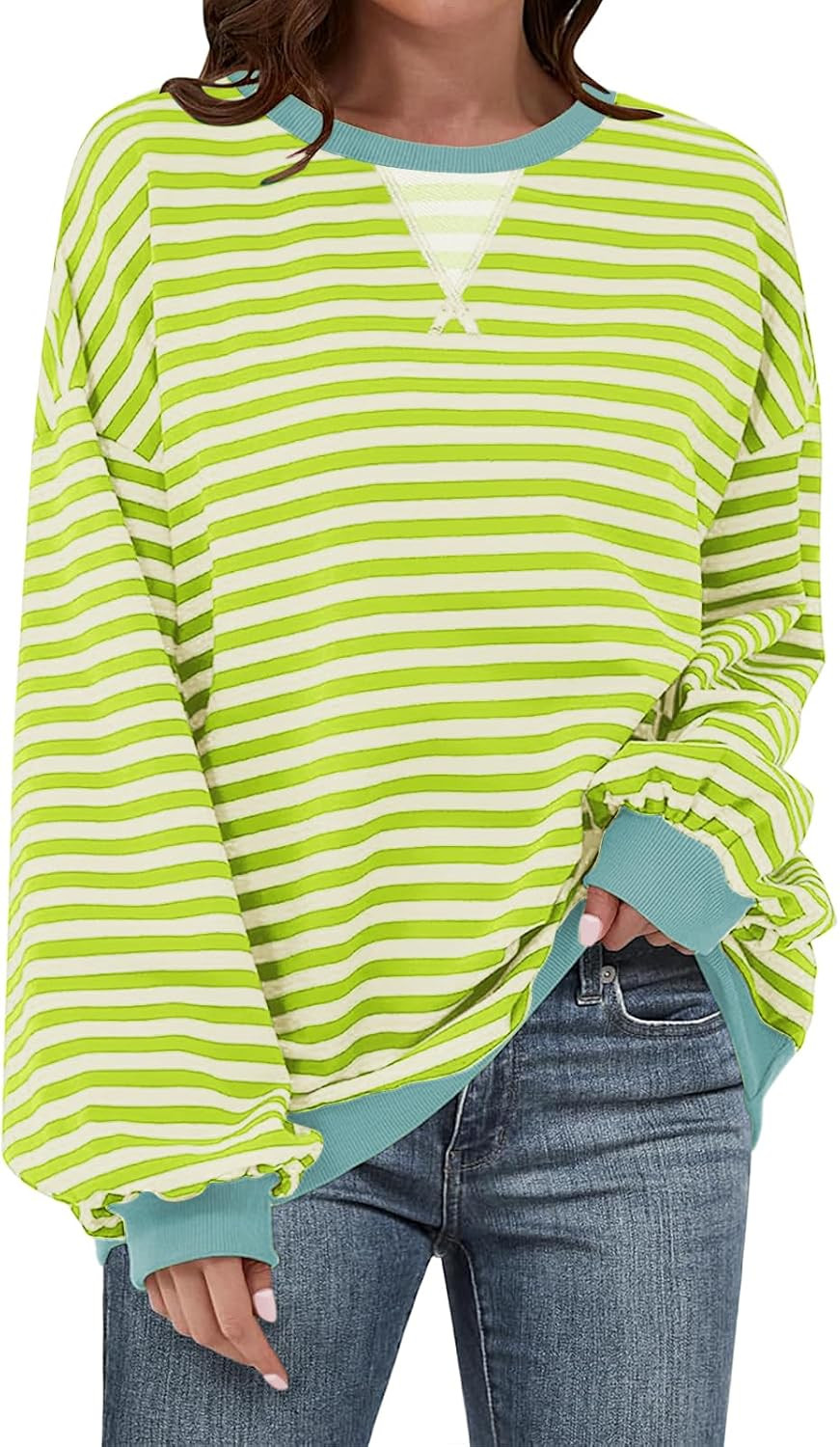 UEU Women Oversized Striped Crewneck Sweatshirt Long Sleeve Casual Pullover | Amazon (US)