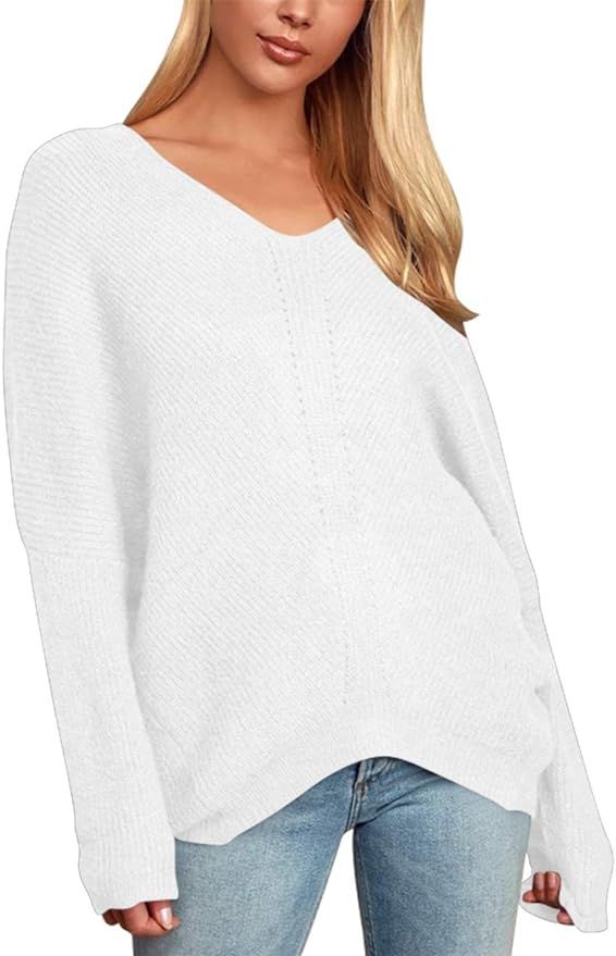 Margrine Women's Off Shoulder Sweater V Neck Batwing Sleeve Loose Oversized Pullover Knit Jumper | Amazon (US)