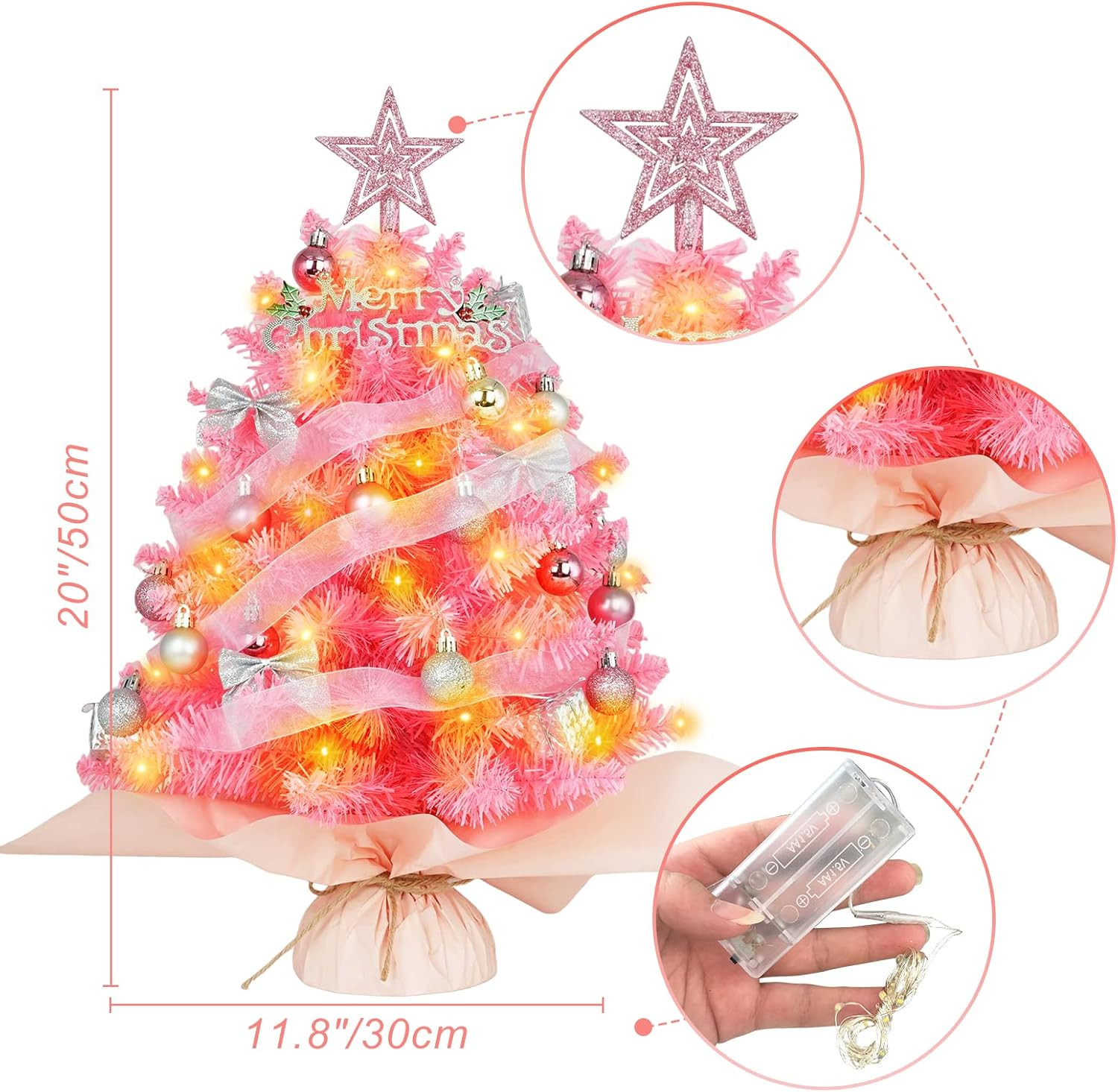 20" Mini Pink Christmas Tree, Artificial Small Christmas Tree with Lights, Tabletop Christmas Tre... | Amazon (US)