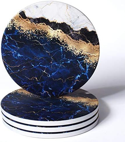 RoomTalks Blue and Gold Marble Coasters for Drinks Absorbent 4PCS Modern Abstract Ceramic Coaster... | Amazon (US)