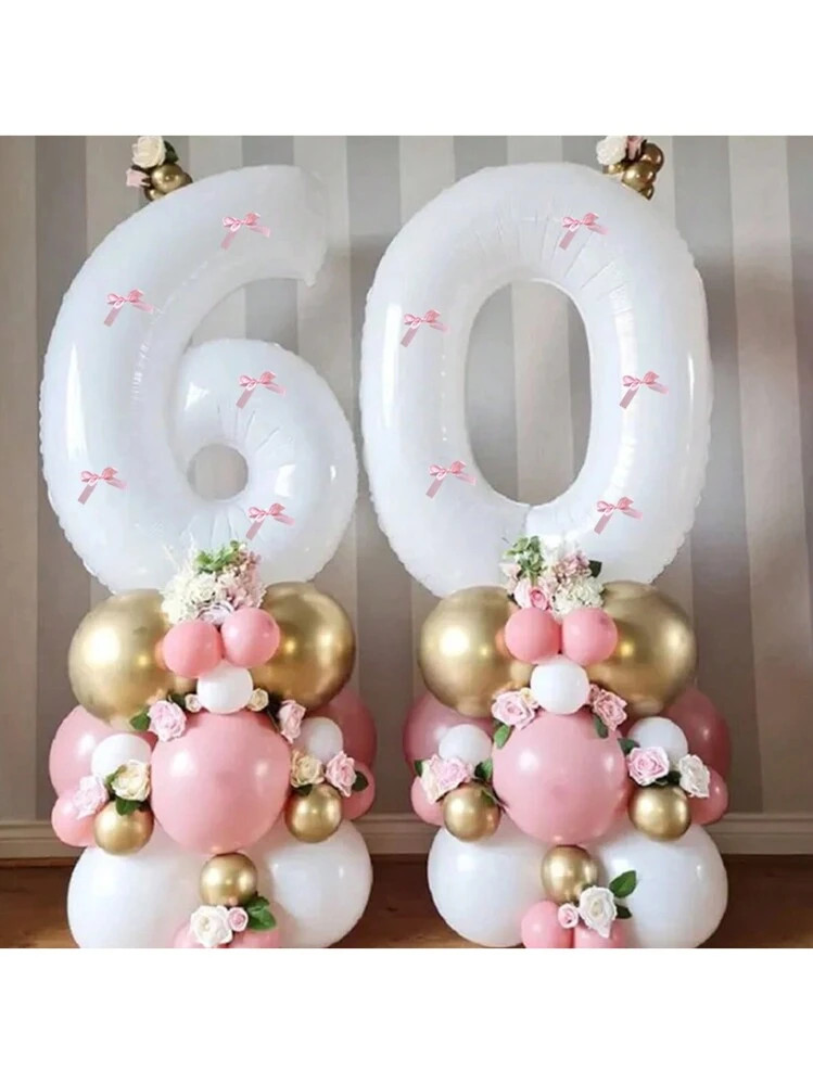 1pc White Number Balloon With 5pcs Pink Bowknot,32 Inch Large Foil Number Balloon 0-9 For Happy B... | SHEIN