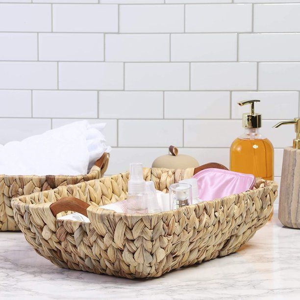 2 Pack Nesting Water Hyacinth Hand-woven Wicker Storage Basket Bin with Wooden Handles, Natural B... | Walmart (US)