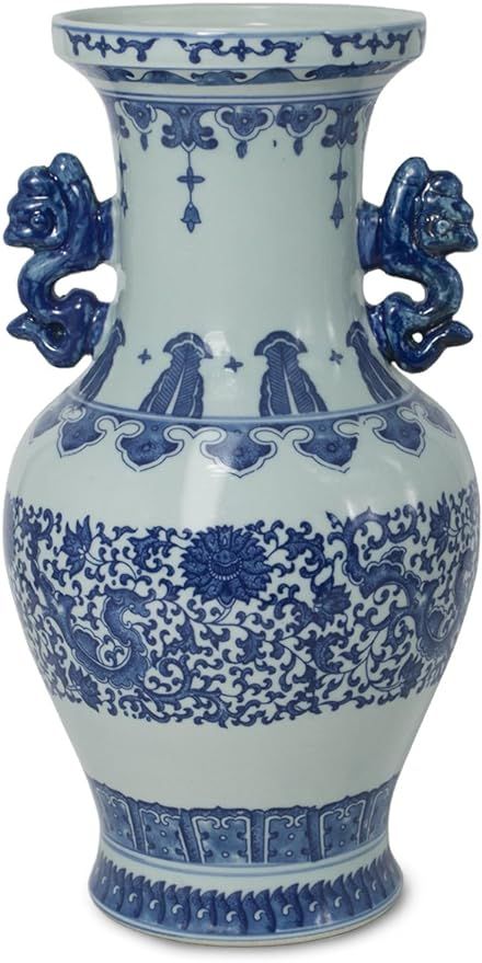Dahlia Chinese Dragon Motif Blue and White Porcelain Flower Vase, 12 Inches, Binaural Vase | Amazon (US)