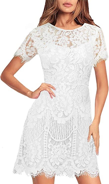 MSLG Women's Elegant Round Neck V-Back Wedding Guest Floral Lace Cocktail Party A Line Dress 910 | Amazon (US)