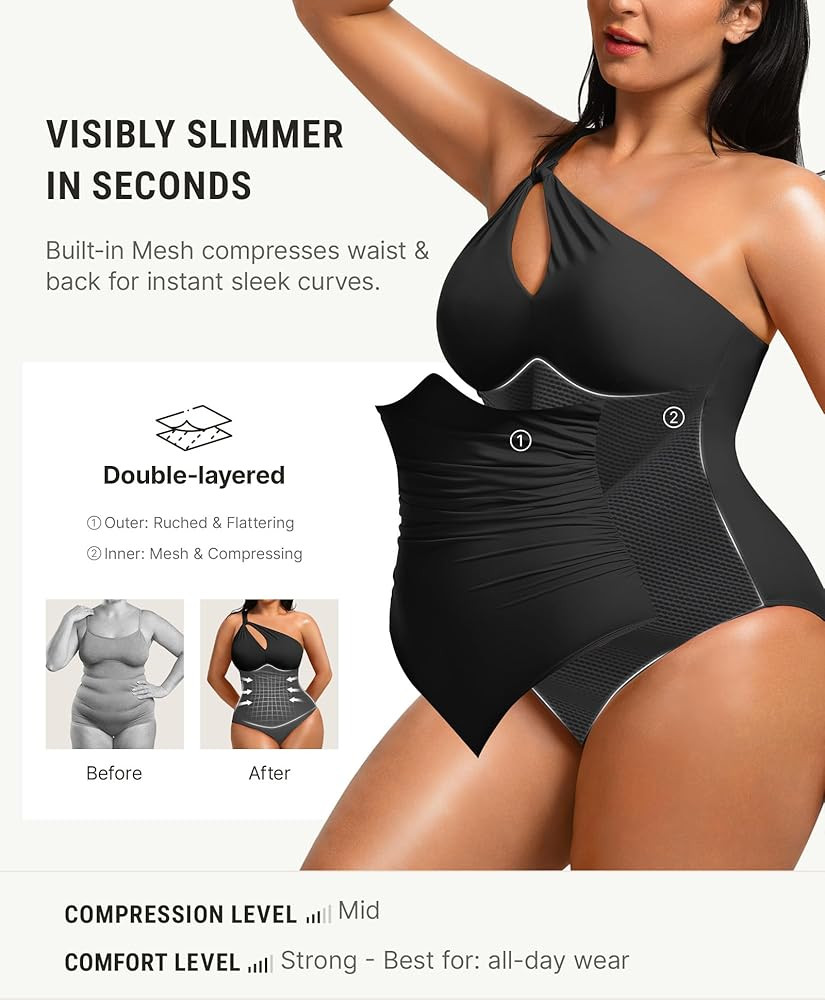 FeelinGirl Women Tummy Control One Shoulder One Piece Shapewear Swimsuit | Amazon (US)