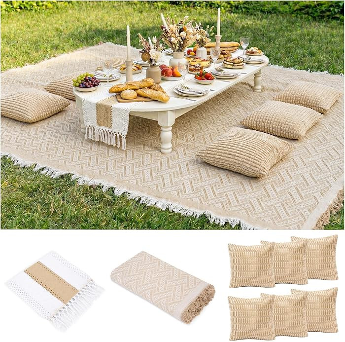 Extra Large Outdoor Boho Picnic Blanket with Table Runner and 6 Throw Pillows Covers for Outdoor ... | Amazon (US)