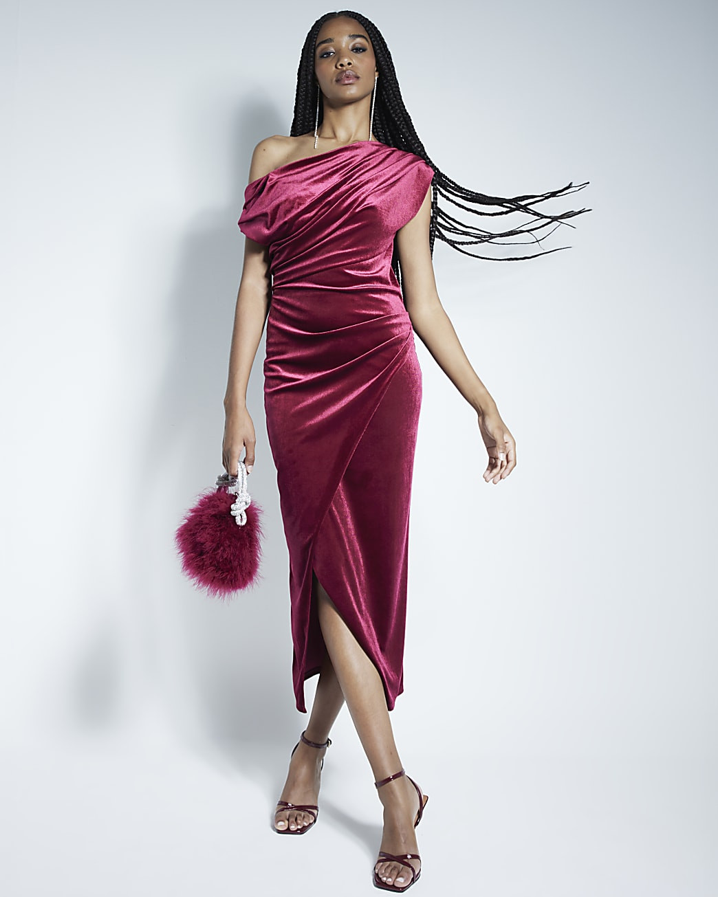 Red Velvet Drape Off Shoulder Column Dress | River Island UK & IE