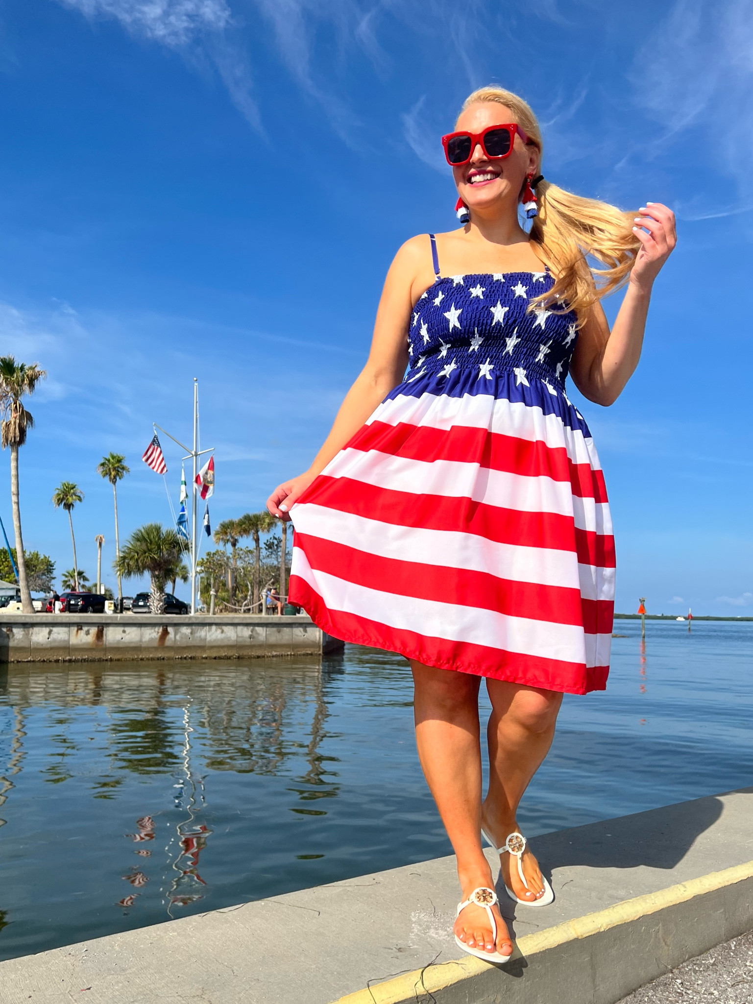 4th Of July Women's Dress - American Flag Print Spaghetti Strap Midi Sundress