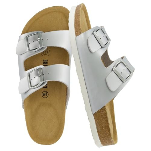 CUSHIONAIRE Lane Cork Footbed Sandals for Women – Comfortable Double Buckle Slip-On with Genuine Suede Footbed & Arch Support Slides for Women Footwear, SILVER 12W | Amazon (US)