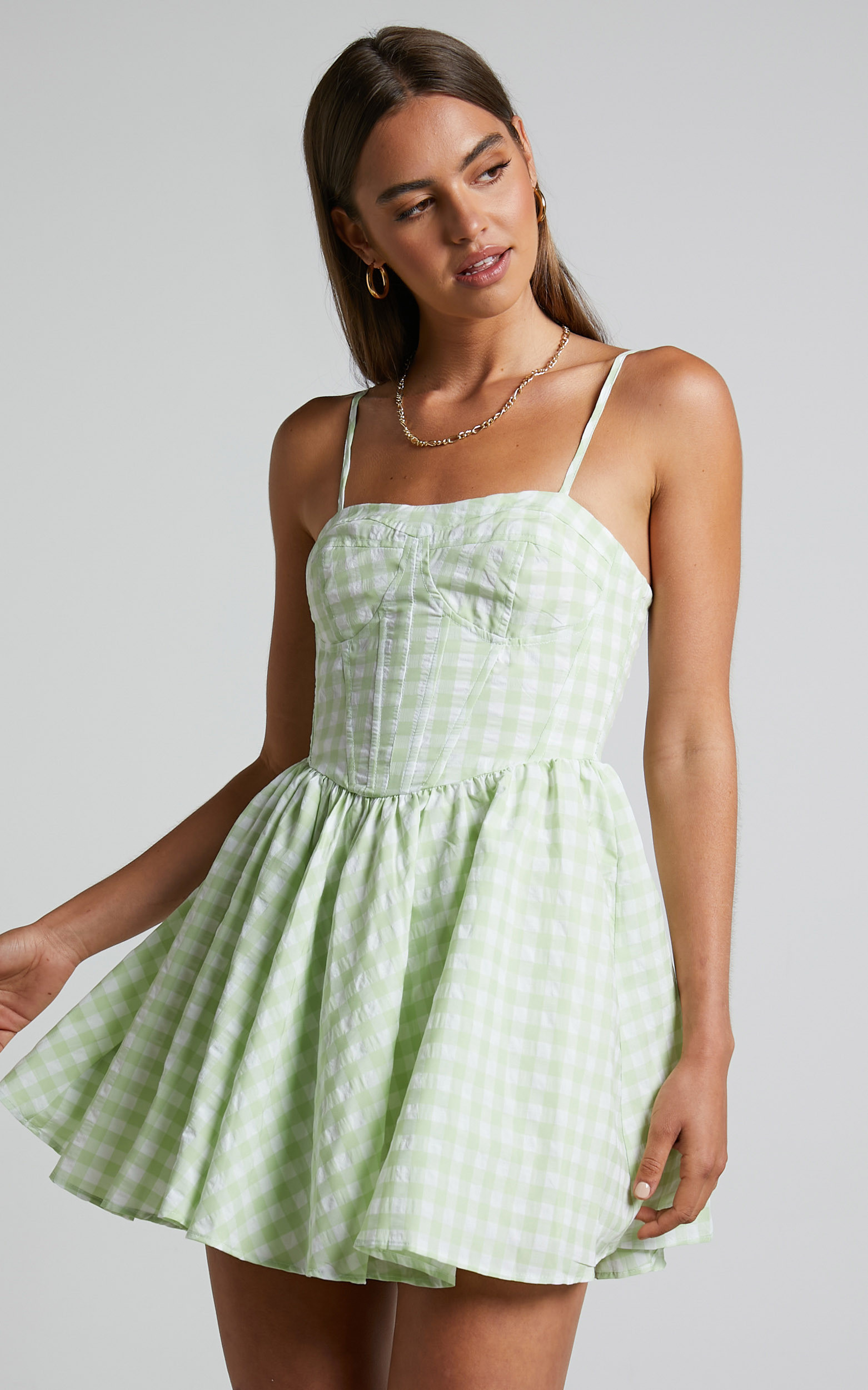 Madelyn Mini Dress - Fit and Flare Corset Dress in Mint Green Gingham | Showpo (US, UK & Europe)