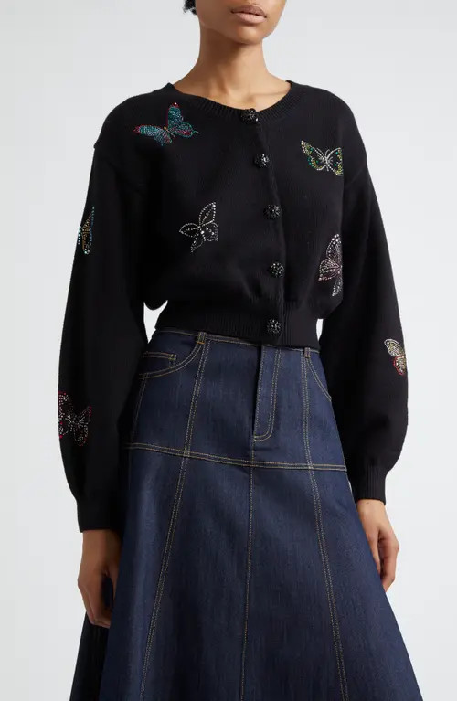 Cinq à Sept Lisette Butterfly Embellished Cardigan in Black Multi at Nordstrom, Size X-Large | Nordstrom