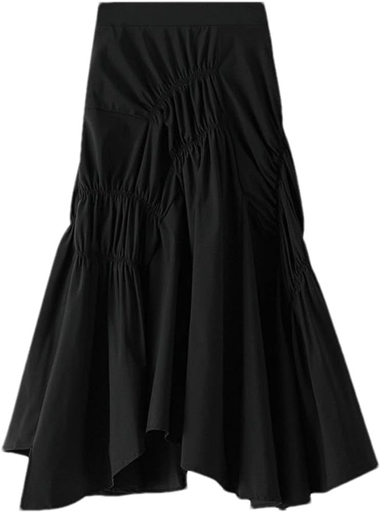 Ladies Elegant Pleated Skirt High Waist Solid Color Asymmetric A Line Skirt | Amazon (US)
