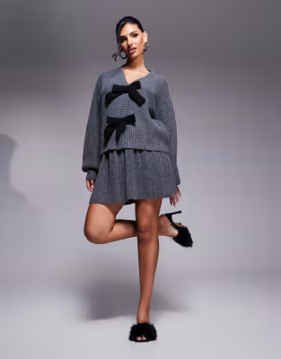 In The Style knitted balloon sleeve cardigan with contrast bow ties co-ord in charcoal | ASOS (Global)
