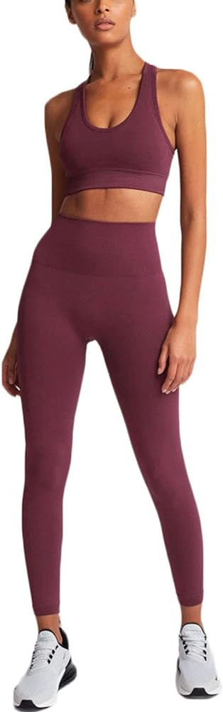 Workout Set for Women 2 Pieces Outfits Seamless Yoga Leggings with Sports Bra Tank Top Gym Sets M... | Amazon (US)