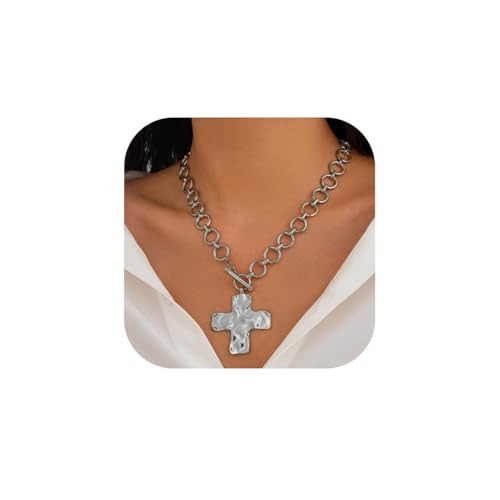 tanguan Gold Chunky Cross Necklace for Women Statement Cross Pendant Necklace (Single layer, Silver) | Amazon (US)