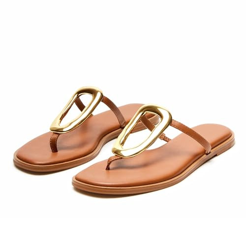 Wnshonzy Flip-Flops for Women Thong Sandals Flat Slip on Slides Leather Beach Comfort Open Square Toe Ladies Slipper Dressy Metal Hardware Decoration Summer Shoes Casual Fashion Brown | Amazon (US)