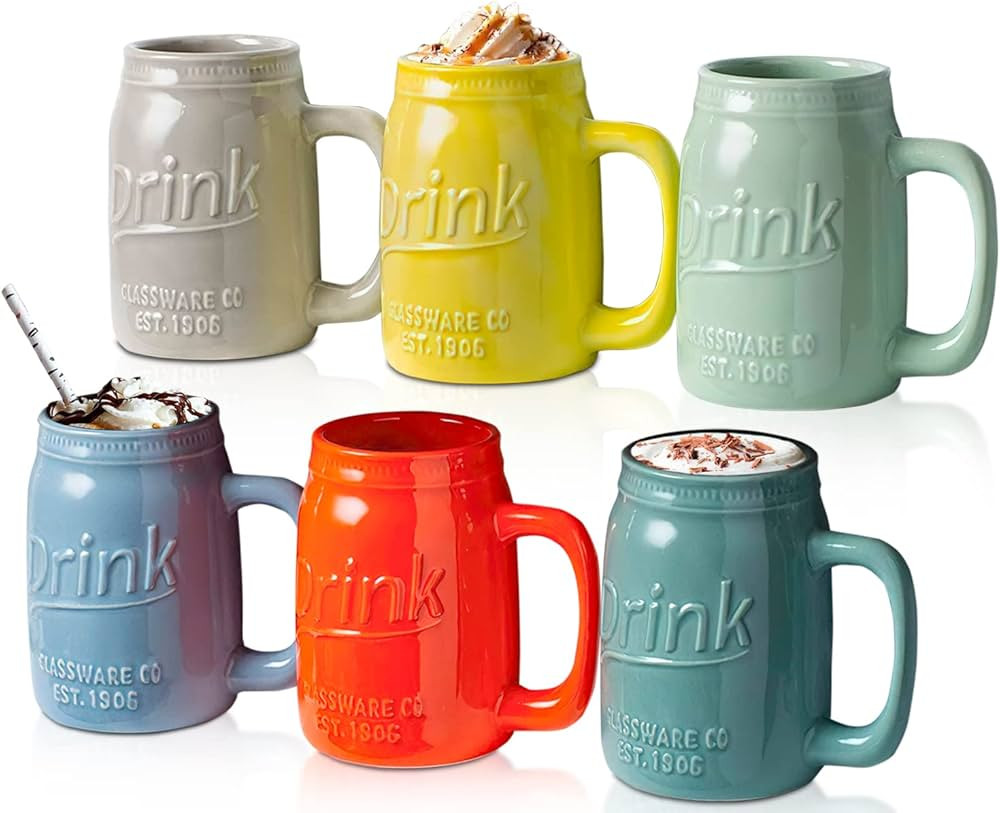 Mason Jar Mugs - Set of 6-15oz - Ceramic, Vibrant Colors - Great for Coffee, Tea, Cold/Hot Drinks... | Amazon (US)