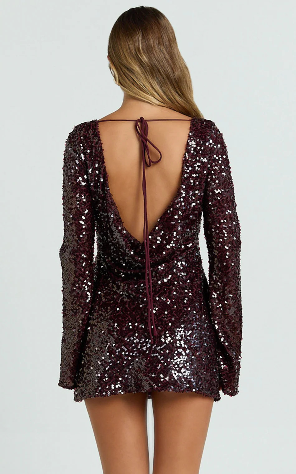 Bertina Mini Dress - Sequin Scoop Neck Low Back Dress in Wine | Showpo (US, UK & Europe)