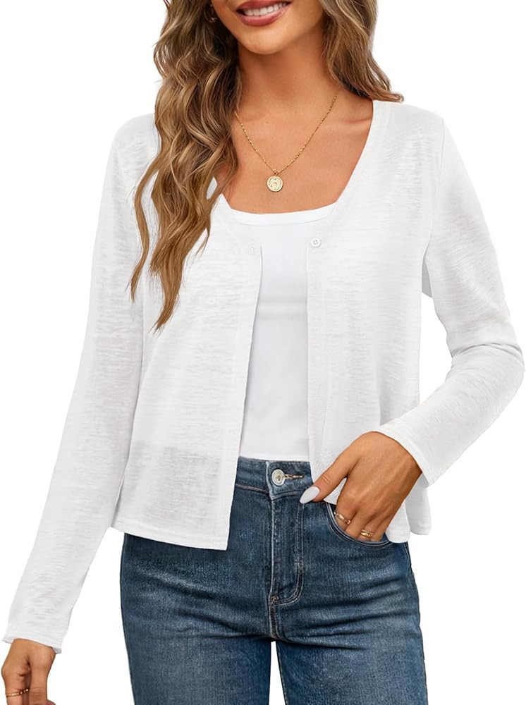 MEROKEETY Cárdigan ligero con frente abierto para mujer, para verano, casual, manga larga, con b... | Amazon (US)