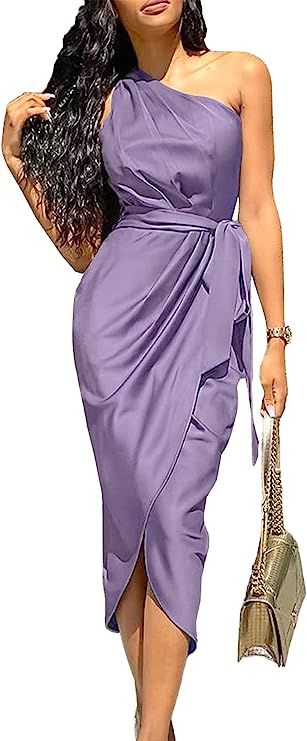 PRETTYGARDEN Women's 2023 Summer Ruched Bodycon Dress Sleeveless One Shoulder Wrap Satin Belted C... | Amazon (US)