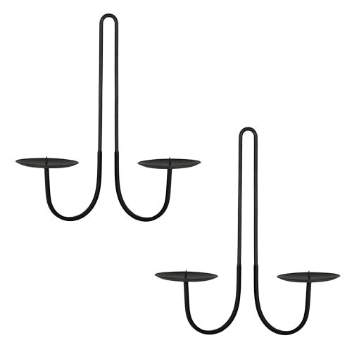 Remenna Double Armed Iron Candle Holders Metal Wall Candle Sconce Holder Set of 2 Black Modern Wall Candle Sconces Hanging for Living Room, Farmhouse, Fireplace, Wedding | Amazon (US)