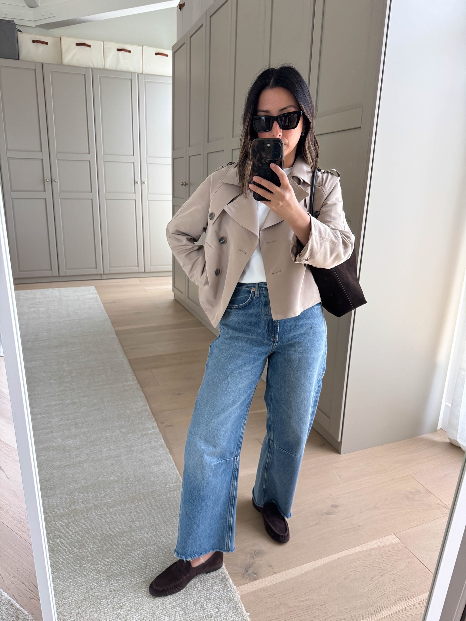 The best crop trench fully stocked! Out of all the crop trenches I’ve tried, this is the best. Petite-friendly. Sleeves run long, but I tuck them under. Drape is really good. 

Steve Madden trench xs
Aritzia tee medium
Citizens of Humanity Miro jeans 24 - cut hems
Sam Edelman loafers 5
Madewell shoulder bag

#LTKootd #LTKmomlife #LTKPetite