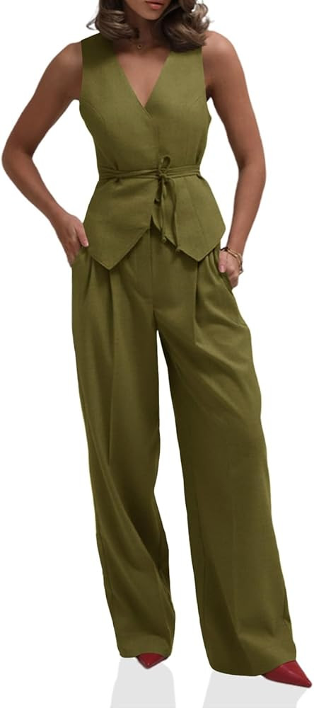 Cicy Bell Womens 2 Piece Outfits V Neck Tie Waist Blazer Vest and Wide Leg Business Casual Suit P... | Amazon (US)