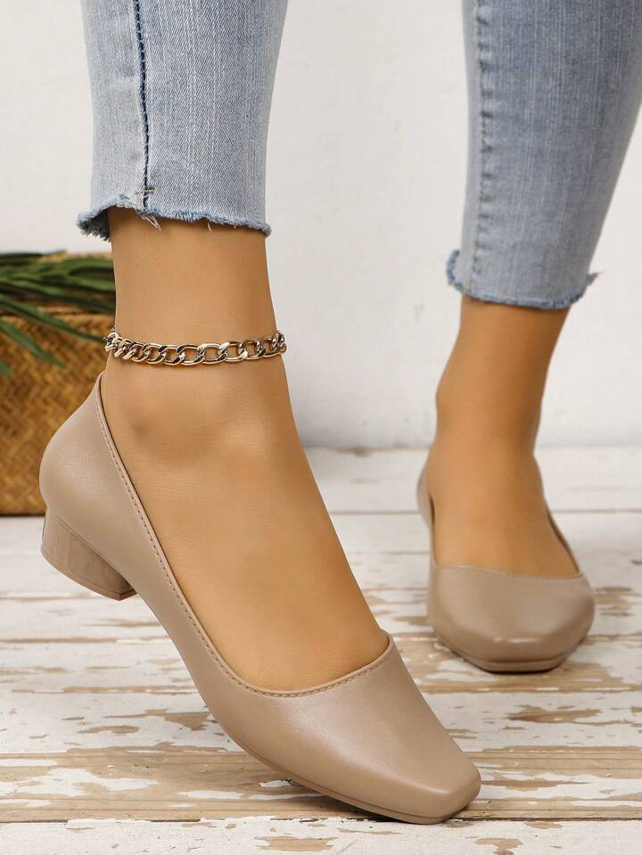 Fashionable Simple Pu Leather Chunky Heel Low Vamp Ladies' Shoes, 3cm Heel, Breathable, Suitable ... | SHEIN