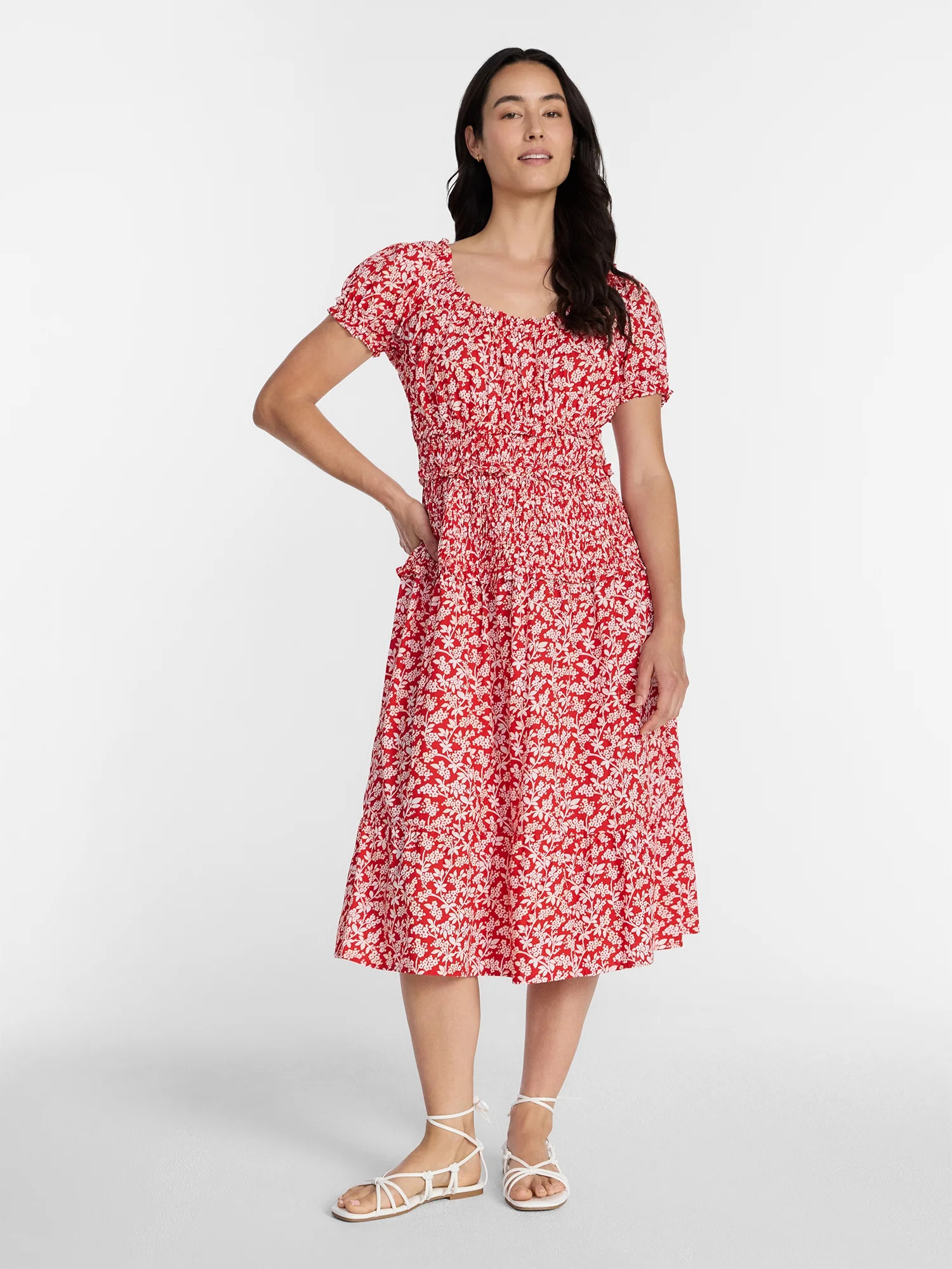 Time and Tru Women's Smocked Cotton Peasant Midi Dress, Sizes XS-XXXL - Walmart.com | Walmart (US)