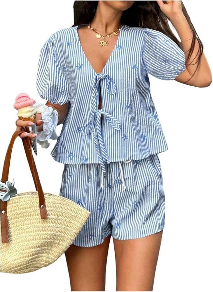 WDIRARA Women's Striped 2 Piece Set Bow Tie Blouse Drawstring Shorts Vacation Leisure Outfits | Amazon (US)