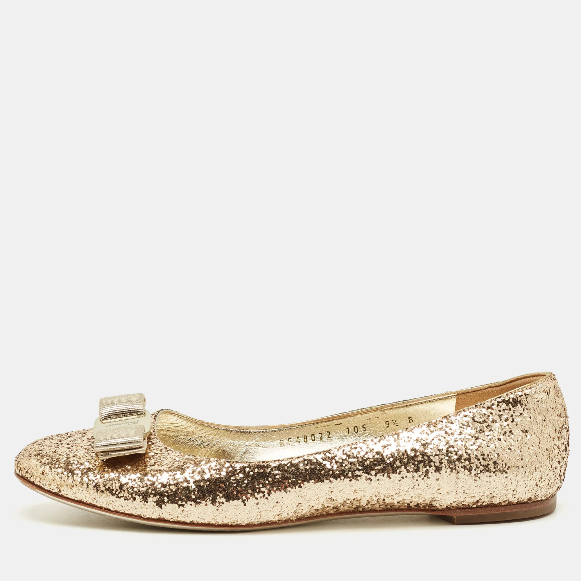 Salvatore Ferragamo Gold Glitter Varina Bow Ballet Flats | Shop Simon