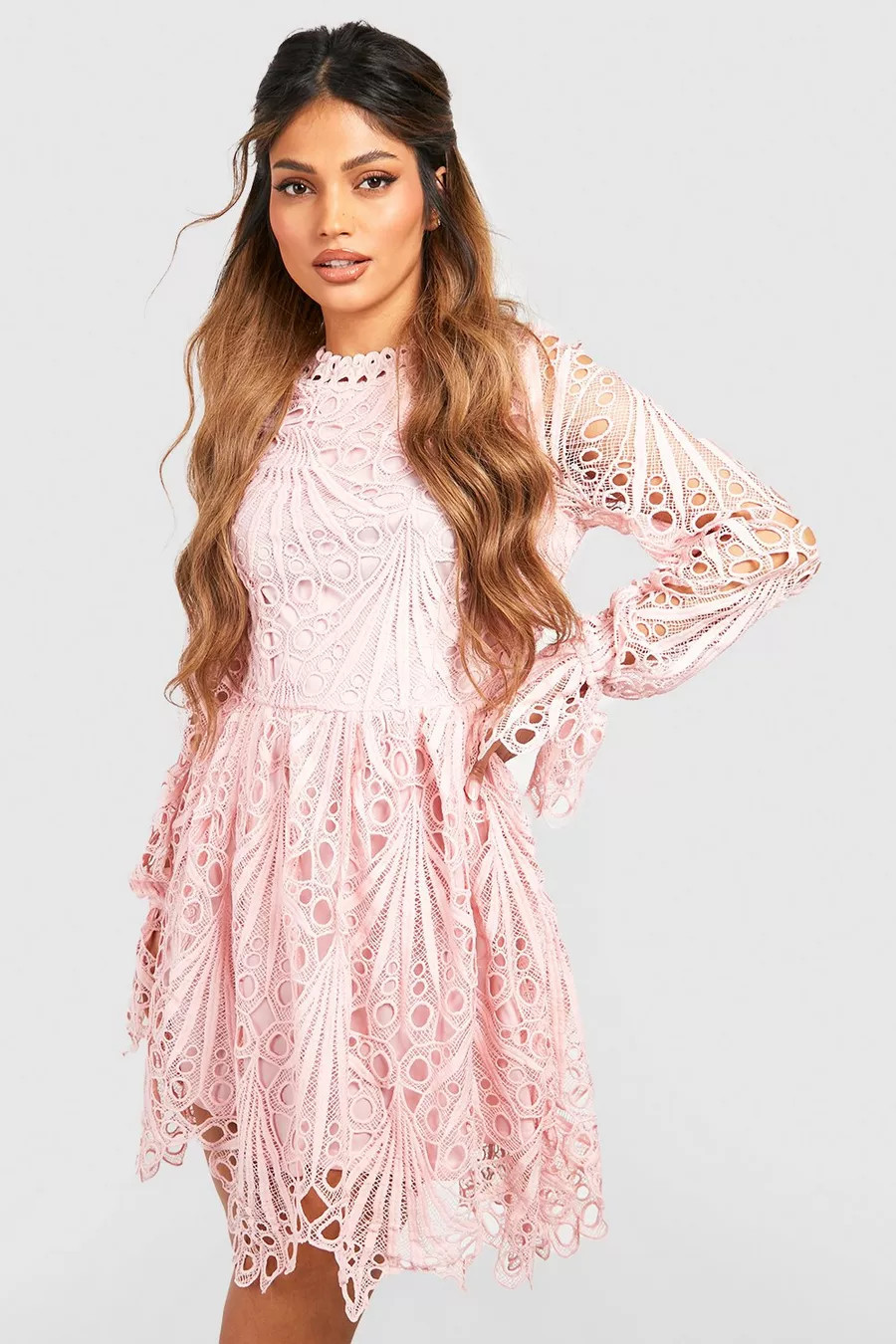 High Neck Flared Sleeve Lace Skater Dress | Boohoo.com (US & CA)