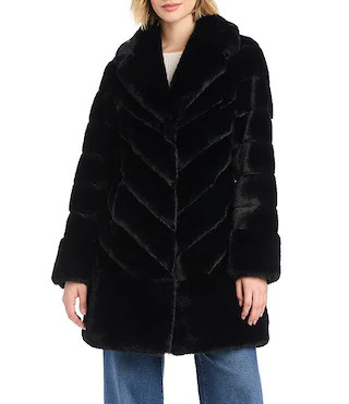 Vince Camuto Faux Fur Chevron Dramatic Notch Collar Border Hem Topcoat | Dillard's | Dillard's