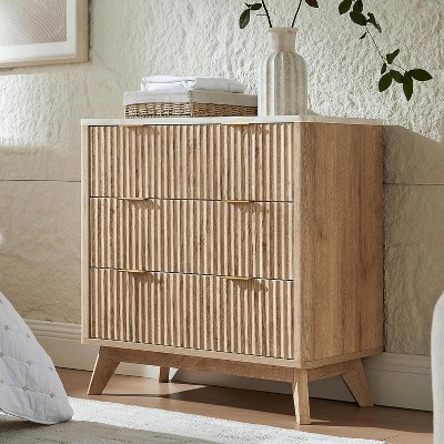 BALHAM TRADE-Curved Profile Fluted 3 Drawer Dresser 32" Tall Modern Chest Wood Organizer Natural Oak 16"D x 32"W x 32"H | Target