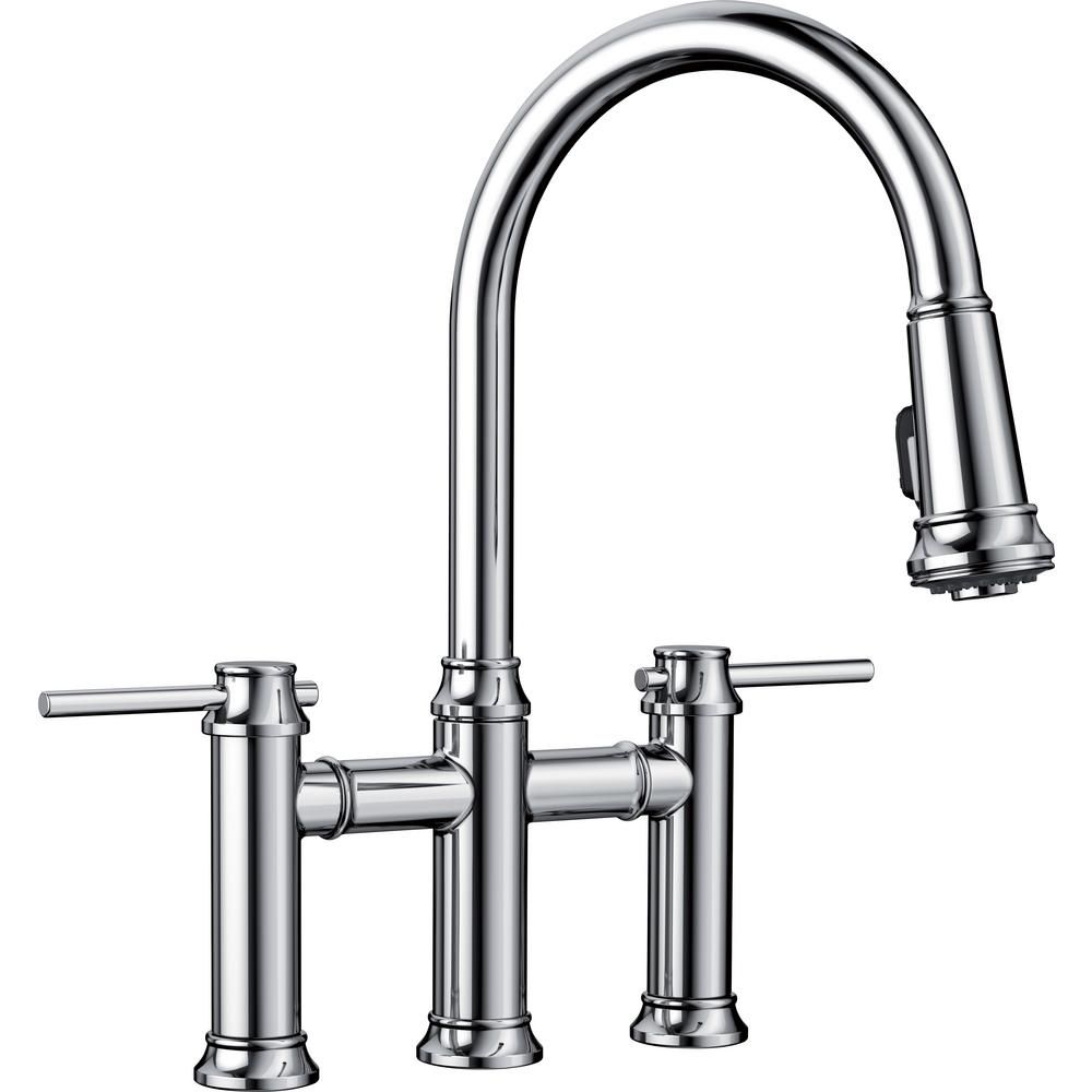 Blanco Empressa 2-Handle Bridge Kitchen Faucet with Pull-Down Sprayer in Polished Chrome | The Home Depot