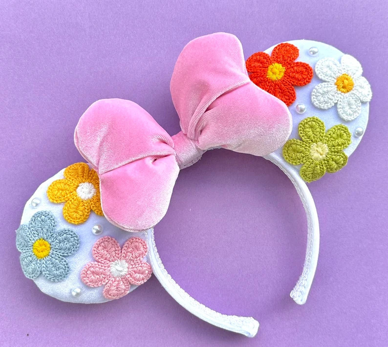 White Velvet Floral Minnie Minnie Mouse Ears Pink Velvet Bow Disney Ears - Etsy | Etsy (US)