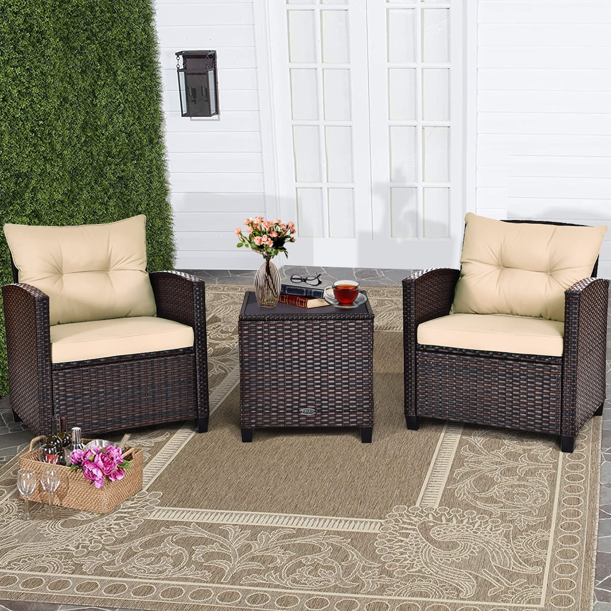 Costway 3 Pieces Patio Rattan Furniture Set Cushioned Conversation Set Sofa Coffee Table, Beige -... | Walmart (US)