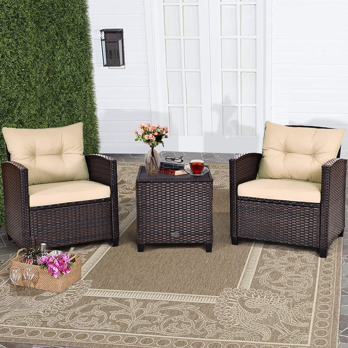 Costway 3PCS Patio Rattan Furniture Set Cushioned Conversation Set Sofa Coffee Table Beige | Walmart (US)