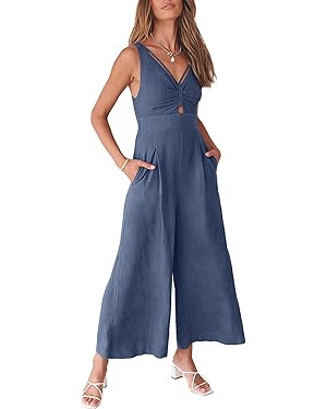 ANRABESS Women's Summer Wide Leg Linen Jumpsuits Dressy V Neck Sleeveless Casual Pants Rompers 20... | Amazon (US)
