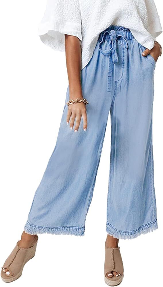 Valphsio Women's Baggy Wide Leg Jeans Tie Waist Chambray Culottes Tassel Pants Crop Length | Amazon (US)