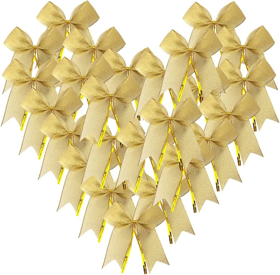 Micomon 50pcs 3-1/2" Metallic Gold Bows Twist Tie Bows for Gift Wrapping with Fish Tails (Gold) | Amazon (US)