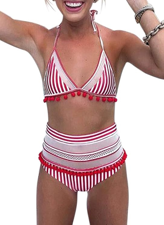 Dokotoo Womens High Waist Two Pieces Bikini Set Striped Tassel Swimsuit | Amazon (US)